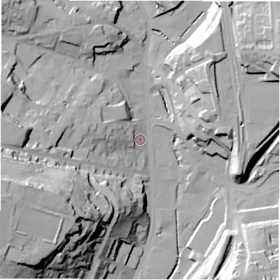 Shaded relief map of the ground around WF175PQ, computed from Environment Agency LiDAR. The ground here sits at about 53 m above sea level and falls 55 m across the surrounding 800 m. Surface water reaching this point runs off ground lying to the west-south-west, 50.6 m higher.
