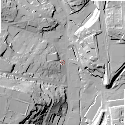 Shaded relief map of the ground around WF175PS, computed from Environment Agency LiDAR. The ground here sits at about 54 m above sea level and falls 55 m across the surrounding 800 m. Surface water reaching this point runs off ground lying to the west-south-west, 50.6 m higher.