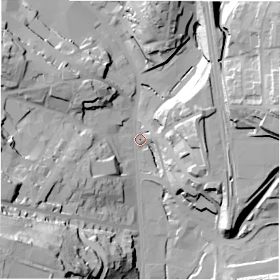 Shaded relief map of the ground around WF175PW, computed from Environment Agency LiDAR. The ground here sits at about 52 m above sea level and falls 53 m across the surrounding 800 m. Surface water reaching this point runs off ground lying to the south-west, 49.8 m higher.