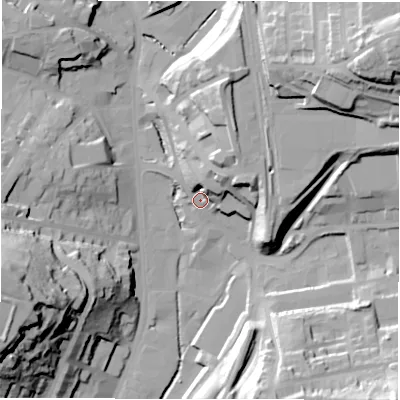 Shaded relief map of the ground around WF175QB, computed from Environment Agency LiDAR. The ground here sits at about 54 m above sea level and falls 51 m across the surrounding 800 m. Surface water reaching this point runs off ground lying to the north-east, 14.4 m higher.