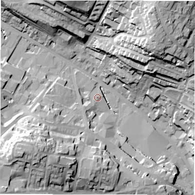 Shaded relief map of the ground around WF175SA, computed from Environment Agency LiDAR. The ground here sits at about 59 m above sea level and falls 50 m across the surrounding 800 m. Surface water reaching this point runs off ground lying to the south-west, 4.3 m higher.