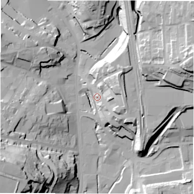 Shaded relief map of the ground around WF175SU, computed from Environment Agency LiDAR. The ground here sits at about 60 m above sea level and falls 51 m across the surrounding 800 m. Surface water reaching this point runs off ground lying to the east-south-east, 15.6 m higher.