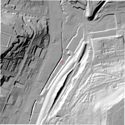 Shaded relief map of the ground around WF176FF, computed from Environment Agency LiDAR. The ground here sits at about 49 m above sea level and falls 94 m across the surrounding 800 m. Surface water reaching this point runs off ground lying to the south-east, 91.7 m higher.