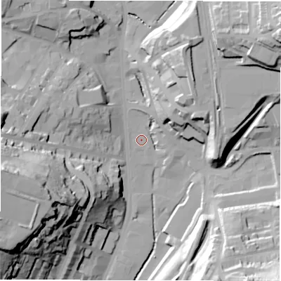 Shaded relief map of the ground around WF176HT, computed from Environment Agency LiDAR. The ground here sits at about 51 m above sea level and falls 54 m across the surrounding 800 m. Surface water reaching this point runs off ground lying to the north-north-east, 25.8 m higher.