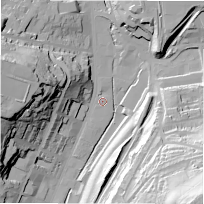 Shaded relief map of the ground around WF176HU, computed from Environment Agency LiDAR. The ground here sits at about 50 m above sea level and falls 92 m across the surrounding 800 m. The ground contributing surface water to this point lies to the south-west.