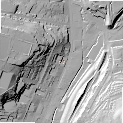 Shaded relief map of the ground around WF176HY, computed from Environment Agency LiDAR. The ground here sits at about 51 m above sea level and falls 84 m across the surrounding 800 m. Surface water reaching this point runs off ground lying to the north-west, 35.4 m higher.