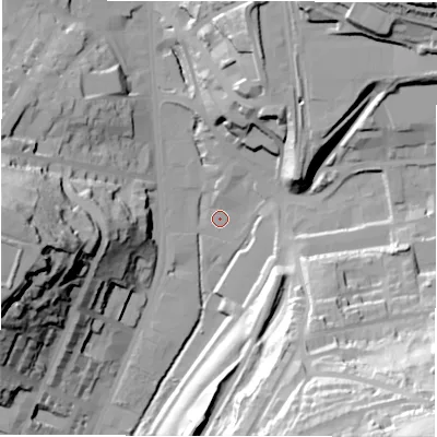 Shaded relief map of the ground around WF176JA, computed from Environment Agency LiDAR. The ground here sits at about 50 m above sea level and falls 77 m across the surrounding 800 m. Surface water reaching this point runs off ground lying to the south-east, 36.6 m higher.