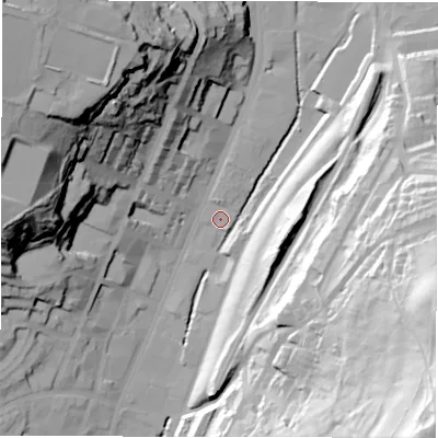 Shaded relief map of the ground around WF176JD, computed from Environment Agency LiDAR. The ground here sits at about 48 m above sea level and falls 93 m across the surrounding 800 m. Surface water reaching this point runs off ground lying to the south-east, 1.4 m higher.