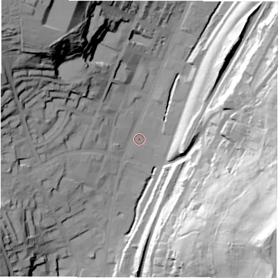 Shaded relief map of the ground around WF176JF, computed from Environment Agency LiDAR. The ground here sits at about 47 m above sea level and falls 89 m across the surrounding 800 m. Surface water reaching this point runs off ground lying to the west-south-west, 2.8 m higher.
