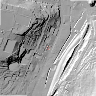 Shaded relief map of the ground around WF176JG, computed from Environment Agency LiDAR. The ground here sits at about 49 m above sea level and falls 75 m across the surrounding 800 m. Surface water reaching this point runs off ground lying to the north-north-west, 5.0 m higher.