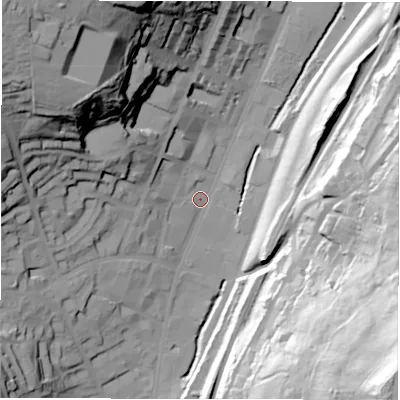 Shaded relief map of the ground around WF176JL, computed from Environment Agency LiDAR. The ground here sits at about 47 m above sea level and falls 89 m across the surrounding 800 m. Surface water reaching this point runs off ground lying to the north-west, 61.1 m higher.