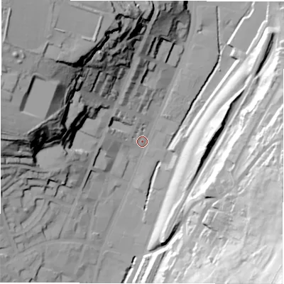 Shaded relief map of the ground around WF176JQ, computed from Environment Agency LiDAR. The ground here sits at about 48 m above sea level and falls 87 m across the surrounding 800 m. Surface water reaching this point runs off ground lying to the north-north-west, 51.6 m higher.