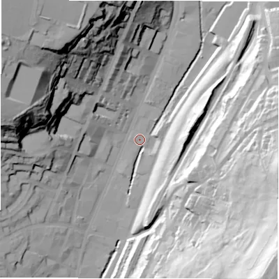 Shaded relief map of the ground around WF176LF, computed from Environment Agency LiDAR. The ground here sits at about 48 m above sea level and falls 92 m across the surrounding 800 m. Surface water reaching this point runs off ground lying to the east, 26.4 m higher.