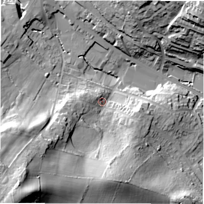 Shaded relief map of the ground around WF178BB, computed from Environment Agency LiDAR. The ground here sits at about 85 m above sea level and falls 55 m across the surrounding 800 m. Surface water reaching this point runs off ground lying to the south-west, 44.5 m higher.