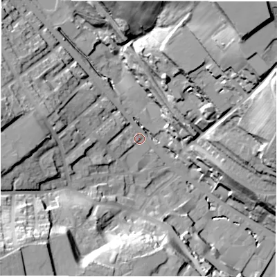 Shaded relief map of the ground around WF178HA, computed from Environment Agency LiDAR. The ground here sits at about 66 m above sea level and falls 58 m across the surrounding 800 m. Surface water reaching this point runs off ground lying to the west, 24.8 m higher.