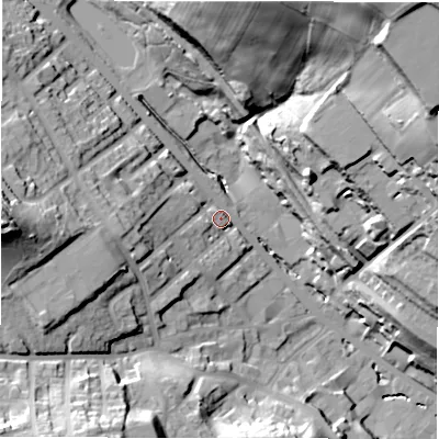 Shaded relief map of the ground around WF178HF, computed from Environment Agency LiDAR. The ground here sits at about 70 m above sea level and falls 62 m across the surrounding 800 m. Surface water reaching this point runs off ground lying to the west, 34.6 m higher.