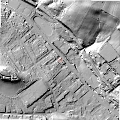 Shaded relief map of the ground around WF178HG, computed from Environment Agency LiDAR. The ground here sits at about 73 m above sea level and falls 65 m across the surrounding 800 m. Surface water reaching this point runs off ground lying to the west-south-west, 38.1 m higher.