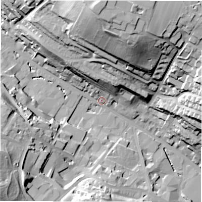 Shaded relief map of the ground around WF178LB, computed from Environment Agency LiDAR. The ground here sits at about 62 m above sea level and falls 58 m across the surrounding 800 m. Surface water reaching this point runs off ground lying to the north, 55.2 m higher.