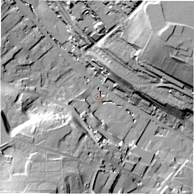 Shaded relief map of the ground around WF178LL, computed from Environment Agency LiDAR. The ground here sits at about 63 m above sea level and falls 55 m across the surrounding 800 m. Surface water reaching this point runs off ground lying to the south-west, 28.6 m higher.