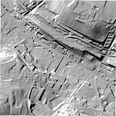 Shaded relief map of the ground around WF178LQ, computed from Environment Agency LiDAR. The ground here sits at about 61 m above sea level and falls 58 m across the surrounding 800 m. Surface water reaching this point runs off ground lying to the west-south-west, 28.7 m higher.