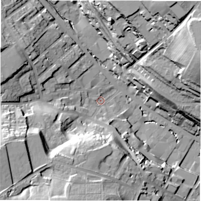 Shaded relief map of the ground around WF178LX, computed from Environment Agency LiDAR. The ground here sits at about 65 m above sea level and falls 53 m across the surrounding 800 m. Surface water reaching this point runs off ground lying to the south-west, 38.5 m higher.