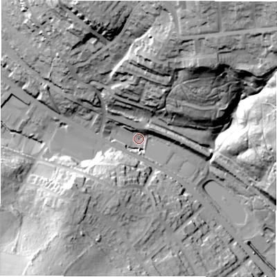 Shaded relief map of the ground around WF178NA, computed from Environment Agency LiDAR. The ground here sits at about 74 m above sea level and falls 70 m across the surrounding 800 m. Surface water reaching this point runs off ground lying to the north-east, 64.0 m higher.