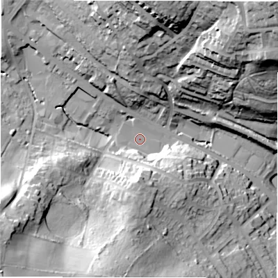 Shaded relief map of the ground around WF178NE, computed from Environment Agency LiDAR. The ground here sits at about 77 m above sea level and falls 57 m across the surrounding 800 m. Surface water reaching this point runs off ground lying to the south-west, 41.0 m higher.