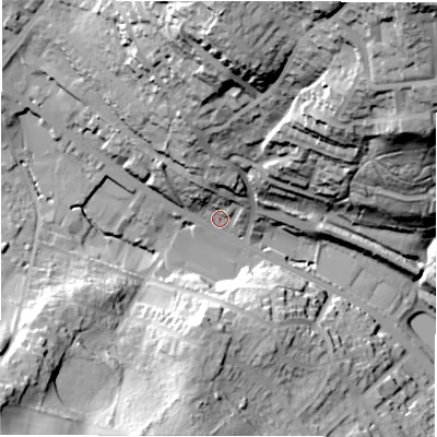 Shaded relief map of the ground around WF178NG, computed from Environment Agency LiDAR. The ground here sits at about 78 m above sea level and falls 67 m across the surrounding 800 m. Surface water reaching this point runs off ground lying to the north, 45.2 m higher.