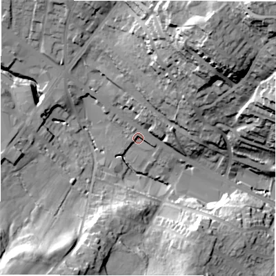 Shaded relief map of the ground around WF178NN, computed from Environment Agency LiDAR. The ground here sits at about 79 m above sea level and falls 60 m across the surrounding 800 m. Surface water reaching this point runs off ground lying to the north-west, 4.1 m higher.