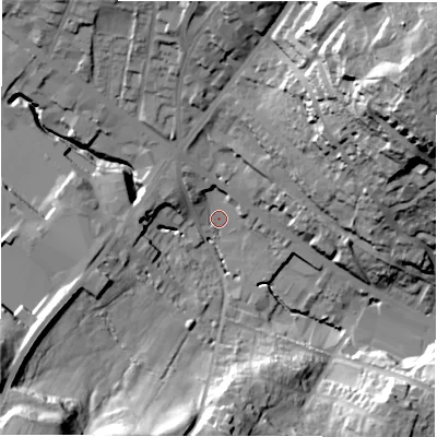 Shaded relief map of the ground around WF178NS, computed from Environment Agency LiDAR. The ground here sits at about 80 m above sea level and falls 48 m across the surrounding 800 m. Surface water reaching this point runs off ground lying to the south-west, 38.1 m higher.