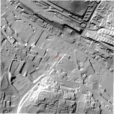 Shaded relief map of the ground around WF178PA, computed from Environment Agency LiDAR. The ground here sits at about 63 m above sea level and falls 52 m across the surrounding 800 m. Surface water reaching this point runs off ground lying to the south-south-west, 7.2 m higher.