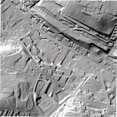 Shaded relief map of the ground around WF178PR, computed from Environment Agency LiDAR. The ground here sits at about 62 m above sea level and falls 56 m across the surrounding 800 m. Surface water reaching this point runs off ground lying to the west-south-west, 18.3 m higher.
