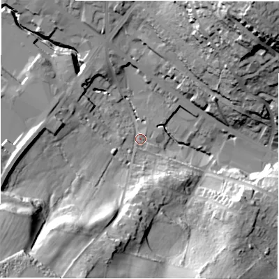 Shaded relief map of the ground around WF179AR, computed from Environment Agency LiDAR. The ground here sits at about 81 m above sea level and falls 47 m across the surrounding 800 m. Surface water reaching this point runs off ground lying to the south-west, 39.3 m higher.