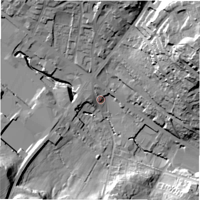 Shaded relief map of the ground around WF179AT, computed from Environment Agency LiDAR. The ground here sits at about 84 m above sea level and falls 48 m across the surrounding 800 m. Surface water reaching this point runs off ground lying to the south-west, 35.9 m higher.