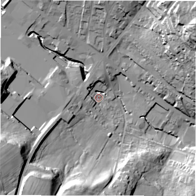 Shaded relief map of the ground around WF179AU, computed from Environment Agency LiDAR. The ground here sits at about 82 m above sea level and falls 48 m across the surrounding 800 m. Surface water reaching this point runs off ground lying to the west, 11.1 m higher.
