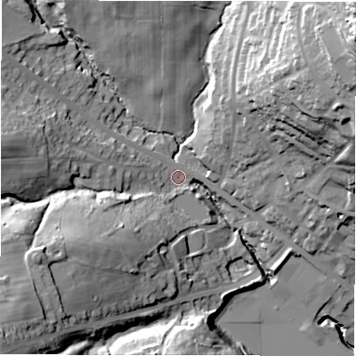 Shaded relief map of the ground around WF179HT, computed from Environment Agency LiDAR. The ground here sits at about 92 m above sea level and falls 55 m across the surrounding 800 m. Surface water reaching this point runs off ground lying to the south-west, 32.6 m higher.