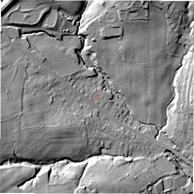Shaded relief map of the ground around WF179JB, computed from Environment Agency LiDAR. The ground here sits at about 98 m above sea level and falls 39 m across the surrounding 800 m. Surface water reaching this point runs off ground lying to the west, 2.7 m higher.