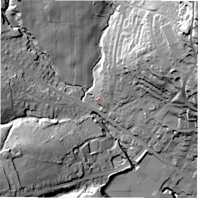 Shaded relief map of the ground around WF179JD, computed from Environment Agency LiDAR. The ground here sits at about 96 m above sea level and falls 66 m across the surrounding 800 m. Surface water reaching this point runs off ground lying to the north-east, 58.0 m higher.