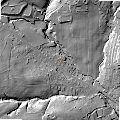 Shaded relief map of the ground around WF179JZ, computed from Environment Agency LiDAR. The ground here sits at about 98 m above sea level and falls 38 m across the surrounding 800 m. Surface water reaching this point runs off ground lying to the west, 3.6 m higher.