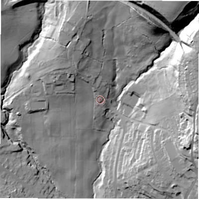 Shaded relief map of the ground around WF179LE, computed from Environment Agency LiDAR. The ground here sits at about 110 m above sea level and falls 63 m across the surrounding 800 m. Surface water reaching this point runs off ground lying to the north-north-west, 14.4 m higher.