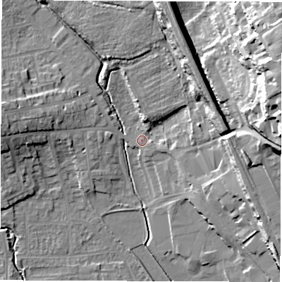 Shaded relief map of the ground around WF20DG, computed from Environment Agency LiDAR. The ground here sits at about 31 m above sea level and falls 33 m across the surrounding 800 m. Surface water reaching this point runs off ground lying to the east-north-east, 31.3 m higher.