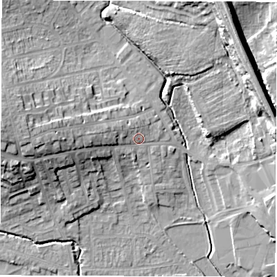 Shaded relief map of the ground around WF20DL, computed from Environment Agency LiDAR. The ground here sits at about 34 m above sea level and falls 22 m across the surrounding 800 m. Surface water reaching this point runs off ground lying to the west, 5.4 m higher.