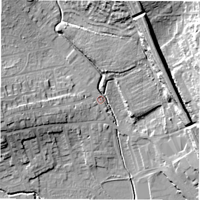 Shaded relief map of the ground around WF20DU, computed from Environment Agency LiDAR. The ground here sits at about 32 m above sea level and falls 22 m across the surrounding 800 m. Surface water reaching this point runs off ground lying to the west-south-west, 12.2 m higher.