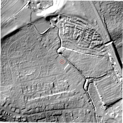 Shaded relief map of the ground around WF20DX, computed from Environment Agency LiDAR. The ground here sits at about 32 m above sea level and falls 24 m across the surrounding 800 m. Surface water reaching this point runs off ground lying to the south-west, 16.5 m higher.