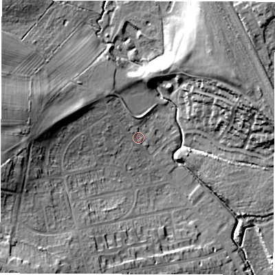 Shaded relief map of the ground around WF20EA, computed from Environment Agency LiDAR. The ground here sits at about 34 m above sea level and falls 28 m across the surrounding 800 m. Surface water reaching this point runs off ground lying to the north-west, 5.8 m higher.
