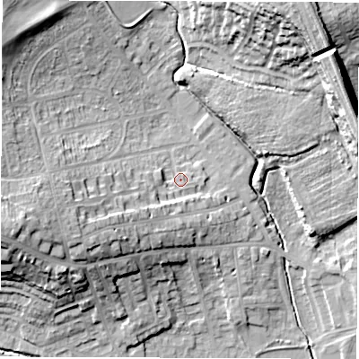 Shaded relief map of the ground around WF20EN, computed from Environment Agency LiDAR. The ground here sits at about 34 m above sea level and falls 23 m across the surrounding 800 m. Surface water reaching this point runs off ground lying to the west-south-west, 8.3 m higher.