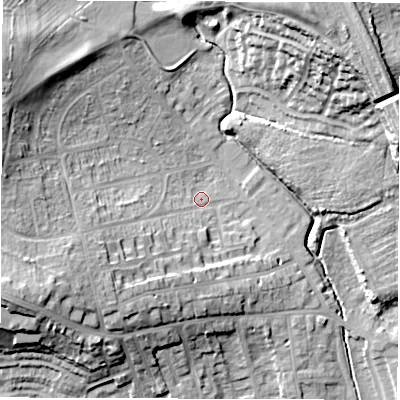 Shaded relief map of the ground around WF20EP, computed from Environment Agency LiDAR. The ground here sits at about 33 m above sea level and falls 23 m across the surrounding 800 m. Surface water reaching this point runs off ground lying to the west-south-west, 15.3 m higher.