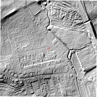 Shaded relief map of the ground around WF20ES, computed from Environment Agency LiDAR. The ground here sits at about 32 m above sea level and falls 23 m across the surrounding 800 m. Surface water reaching this point runs off ground lying to the west-south-west, 15.9 m higher.