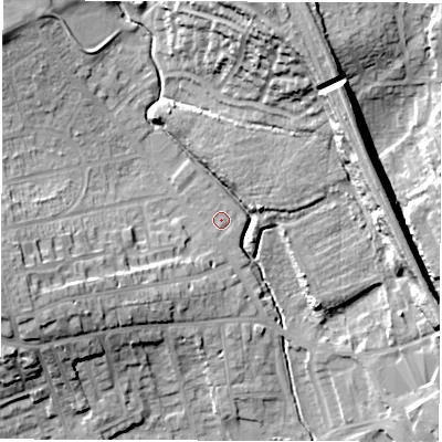Shaded relief map of the ground around WF20FL, computed from Environment Agency LiDAR. The ground here sits at about 33 m above sea level and falls 23 m across the surrounding 800 m. The ground contributing surface water to this point lies to the south.