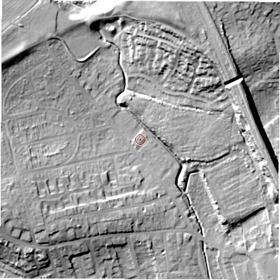 Shaded relief map of the ground around WF20FN, computed from Environment Agency LiDAR. The ground here sits at about 33 m above sea level and falls 23 m across the surrounding 800 m. Surface water reaching this point runs off ground lying to the east-north-east, 0.6 m higher.